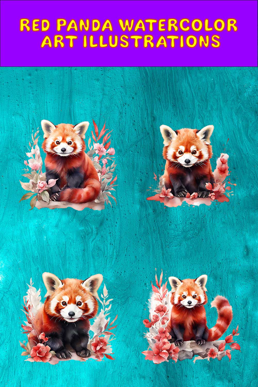 Red Panda Watercolor Art 4 Transparent PNG Illustrations pinterest preview image.