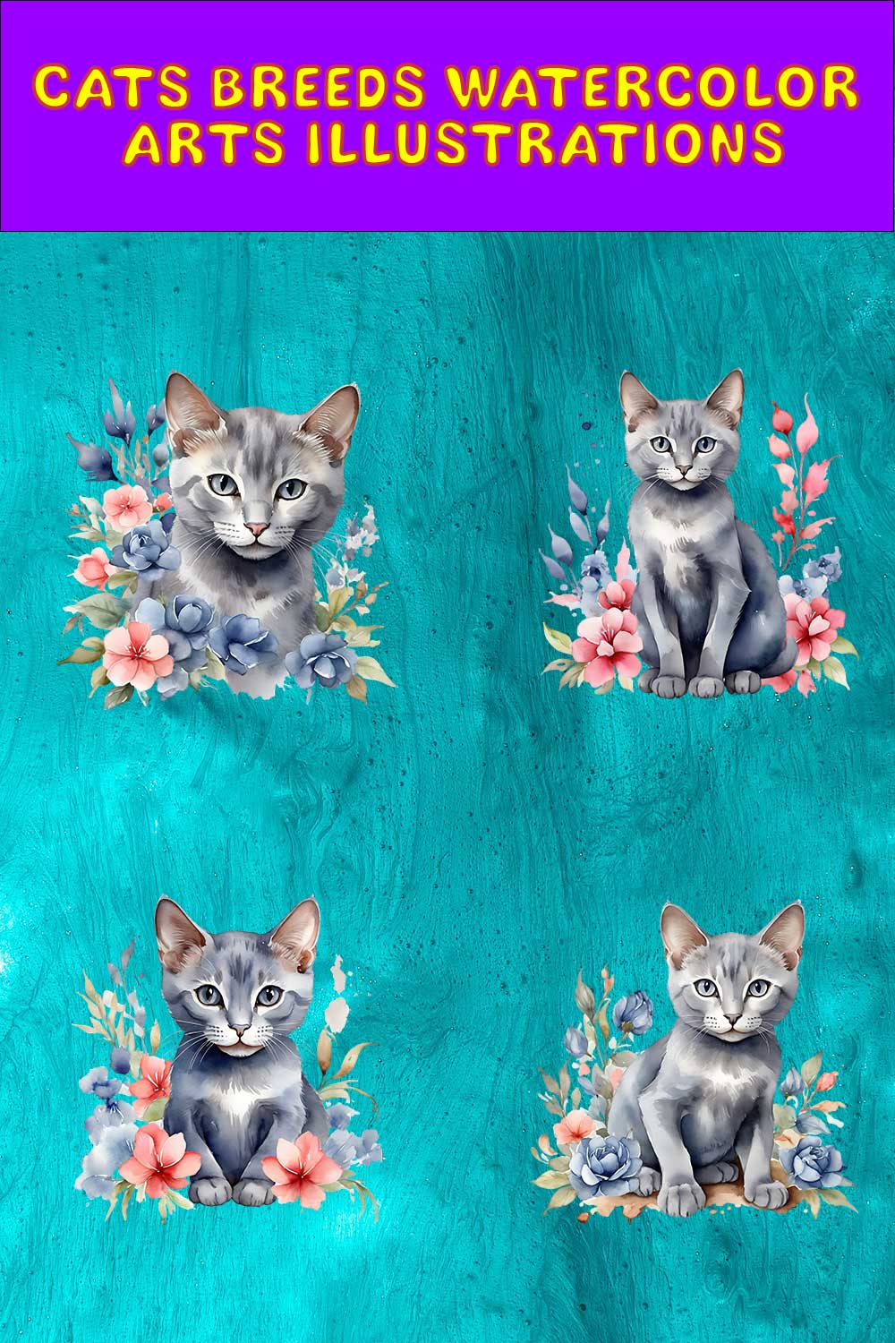 Watercolor Russian Blue Cat Arts PNG's pinterest preview image.