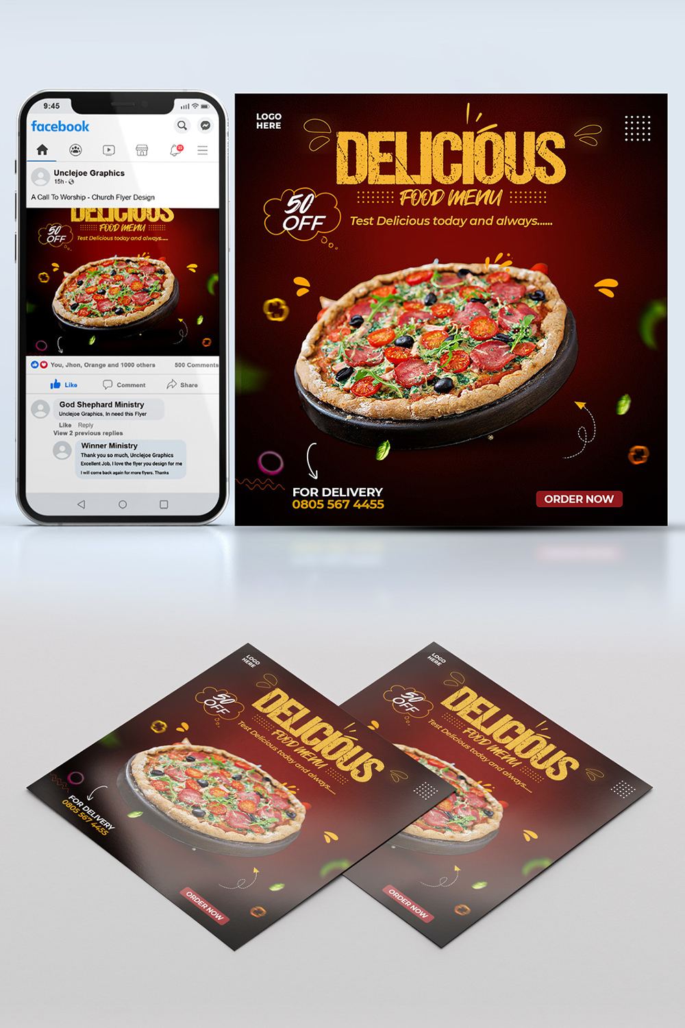 Restaurant Food Flyer Template Design With Pizza pinterest preview image.