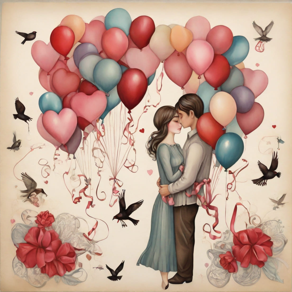 postcard, balloons, ribbons, birds, hearts, woman, man, kids preview image.