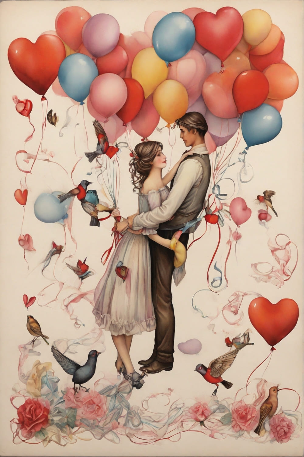 postcard, balloons, ribbons, birds, hearts, woman, man, kids pinterest preview image.