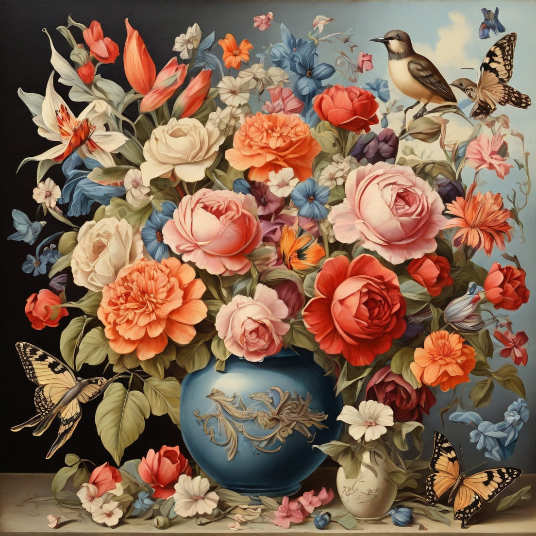 postcard bouquet of flowers vase birds 1 538
