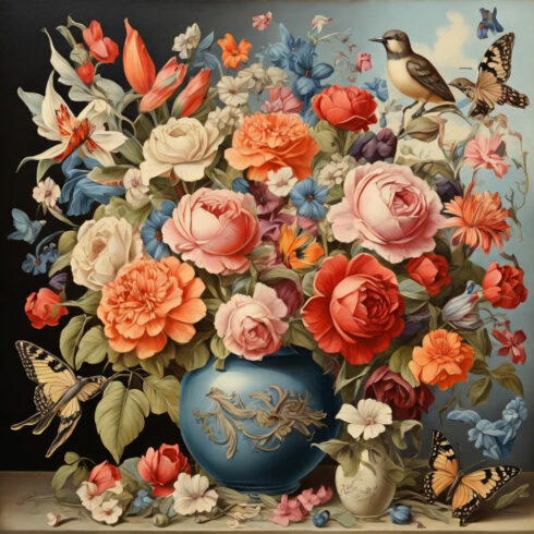 postcard, bouquet of flowers, vase, birds, butterflies cover image.