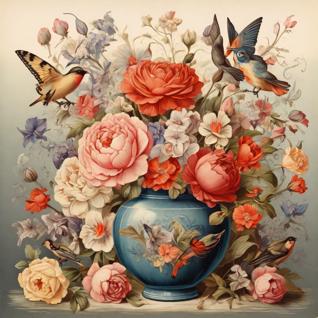 postcard, bouquet of flowers, vase, birds, butterflies preview image.