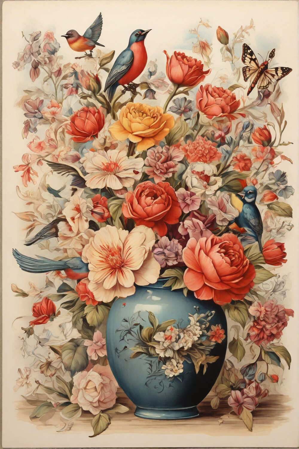 postcard, bouquet of flowers, vase, birds, butterflies pinterest preview image.
