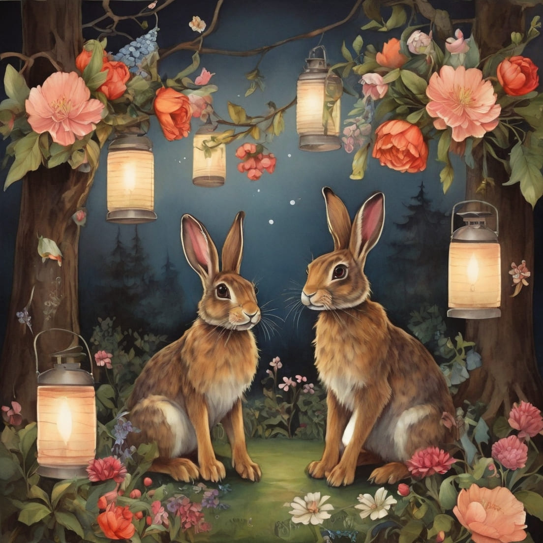 postcard, flowers, trees, cats, lanterns, hares preview image.