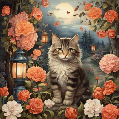 postcard, flowers, trees, cats, lanterns, hares cover image.