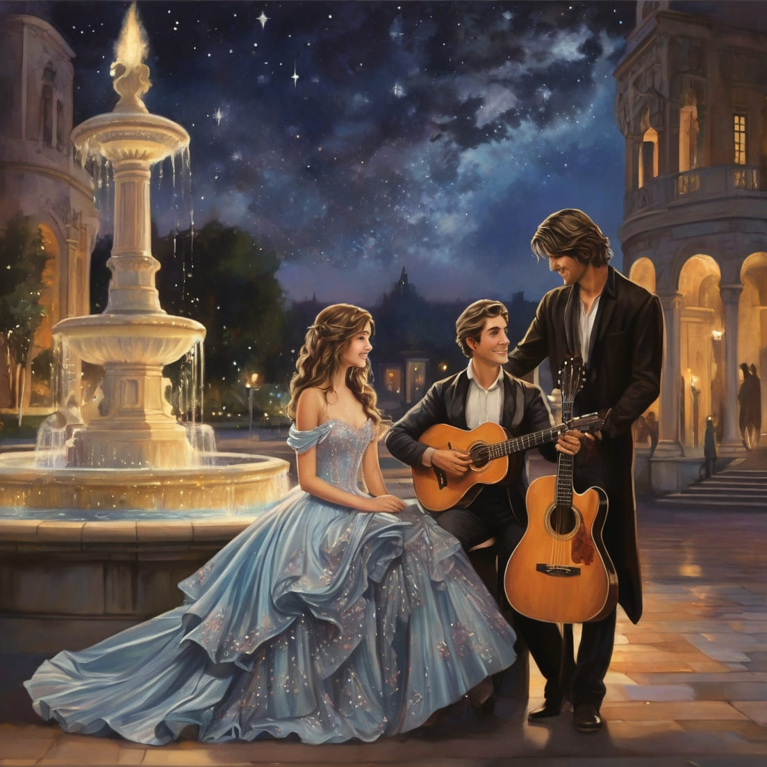 postcard, girl in a ballgown, man, stars, guitar, fountain preview image.