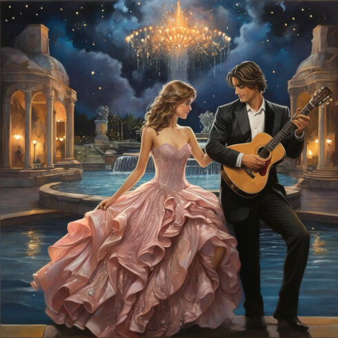 postcard, girl in a ballgown, man, stars, guitar, fountain cover image.