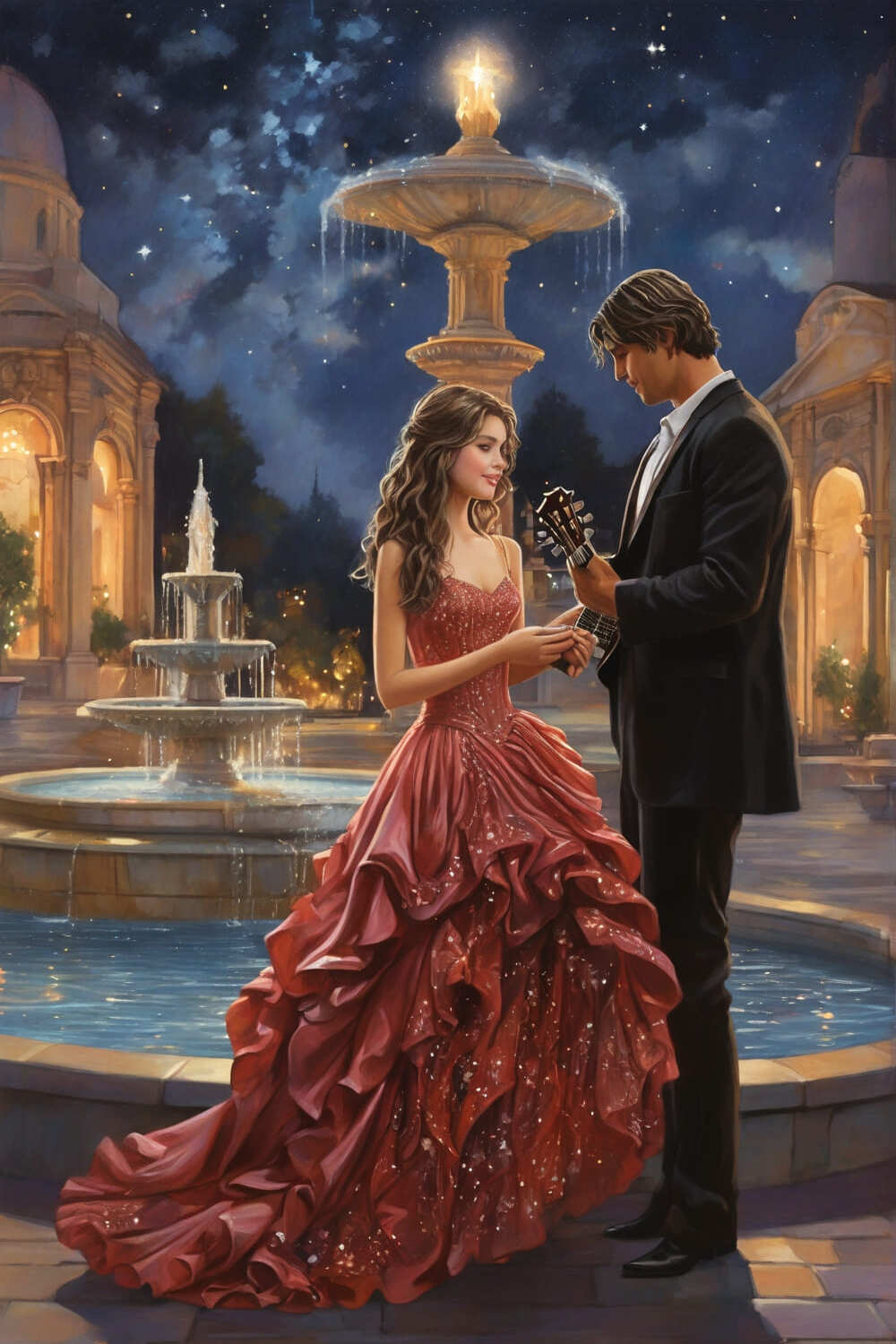 postcard, girl in a ballgown, man, stars, guitar, fountain pinterest preview image.