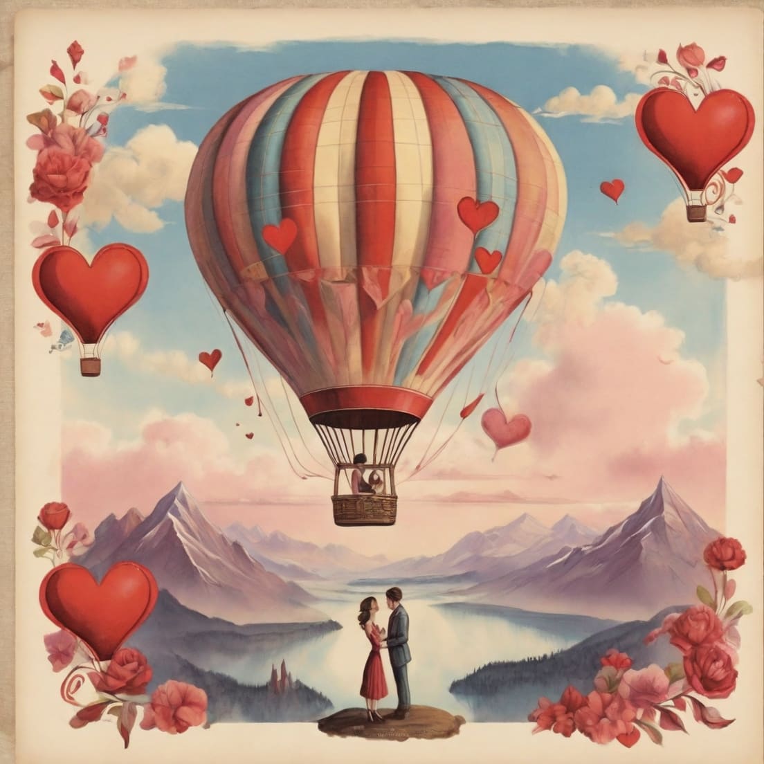 postcard, hot air balloon, man, woman, mountains, hearts in the air preview image.