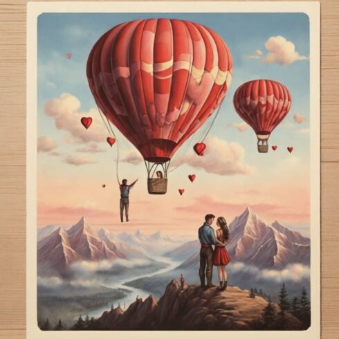 postcard, hot air balloon, man, woman, mountains, hearts in the air cover image.