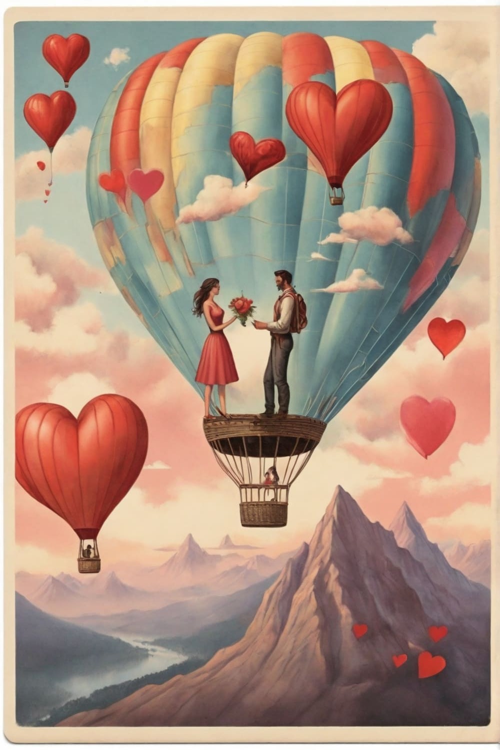 postcard, hot air balloon, man, woman, mountains, hearts in the air pinterest preview image.