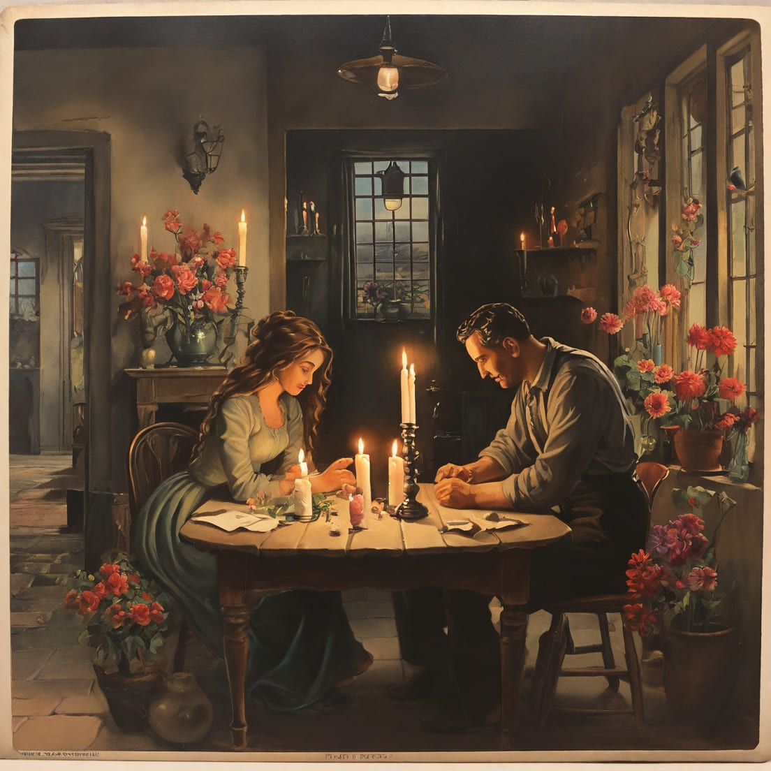 postcard, house, table with candles, man and woman, flowers preview image.