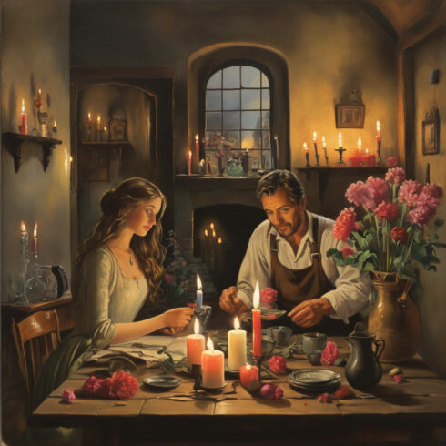 postcard, house, table with candles, man and woman, flowers cover image.