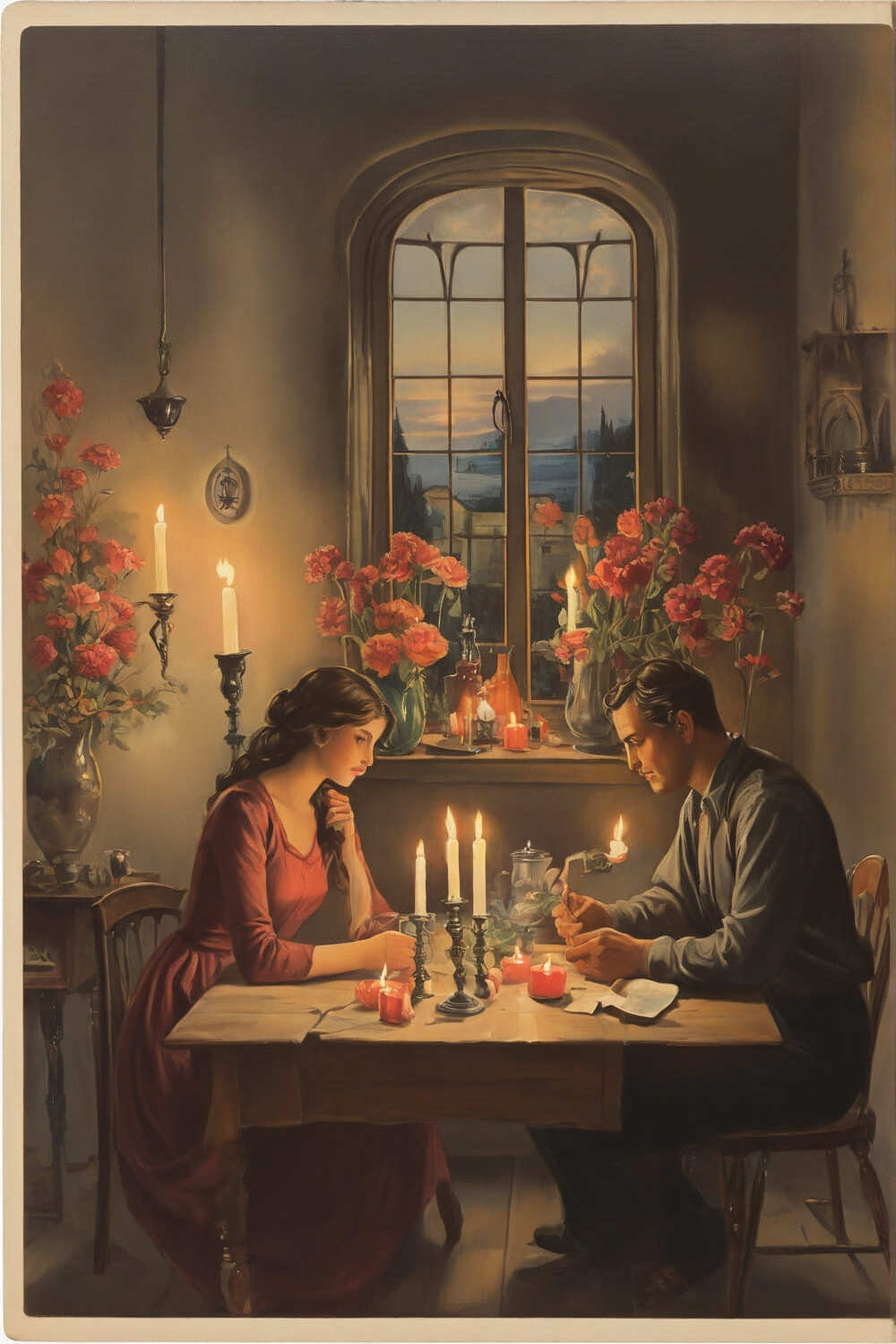 postcard, house, table with candles, man and woman, flowers pinterest preview image.