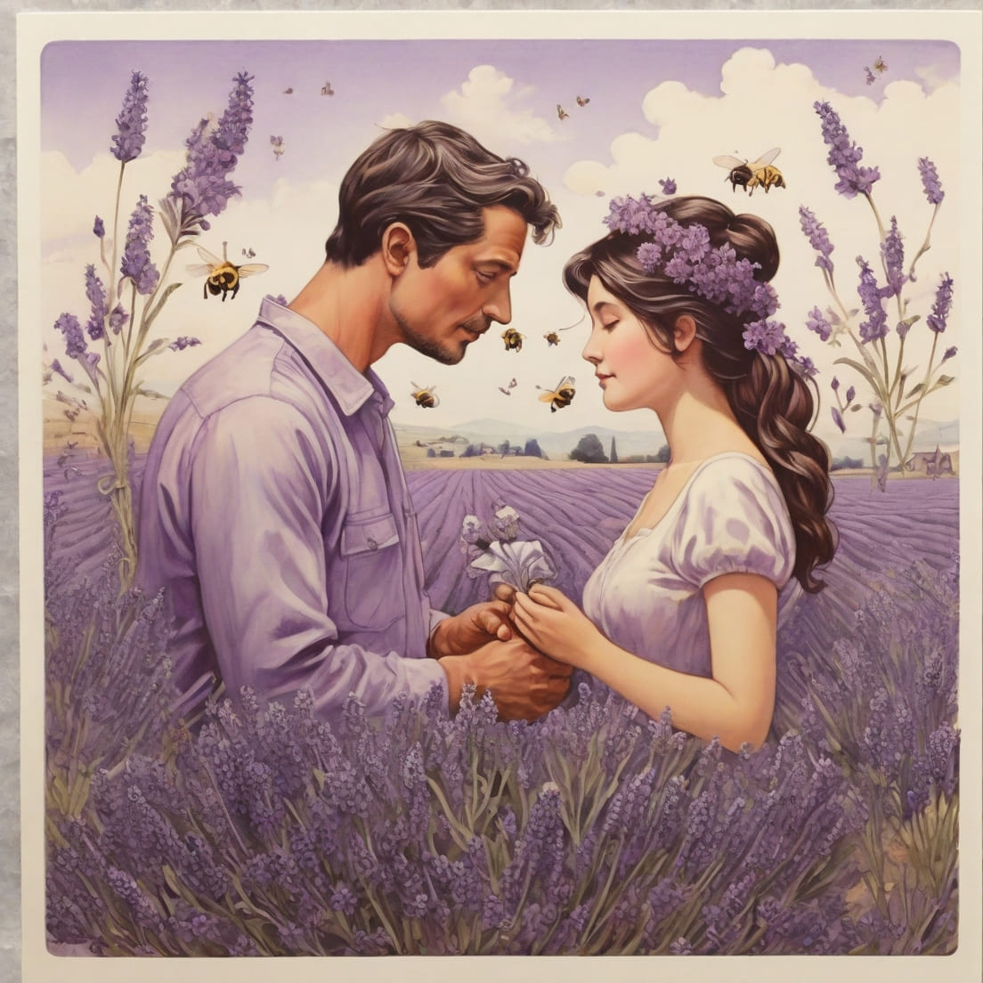 postcard, lavender field, bees, man, woman preview image.
