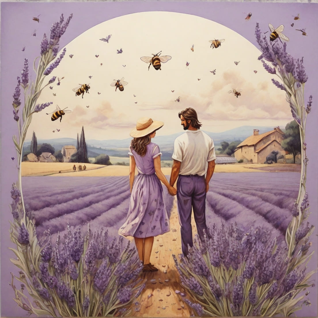 postcard lavender field bees man woman h 1 1 631