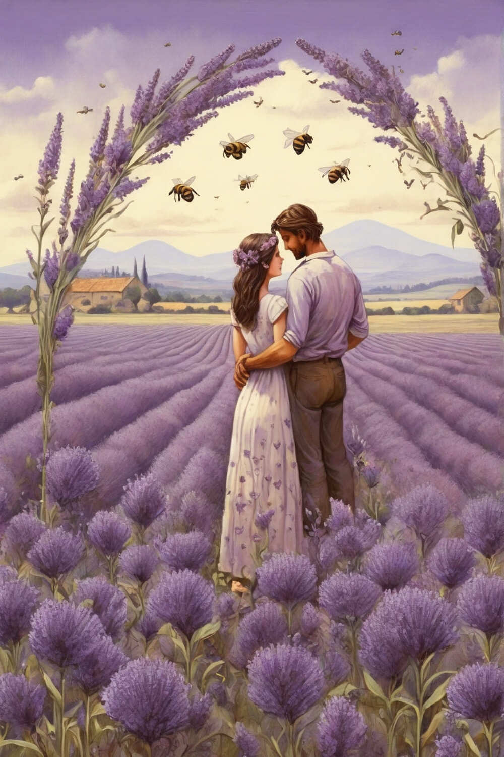 postcard, lavender field, bees, man, woman pinterest preview image.