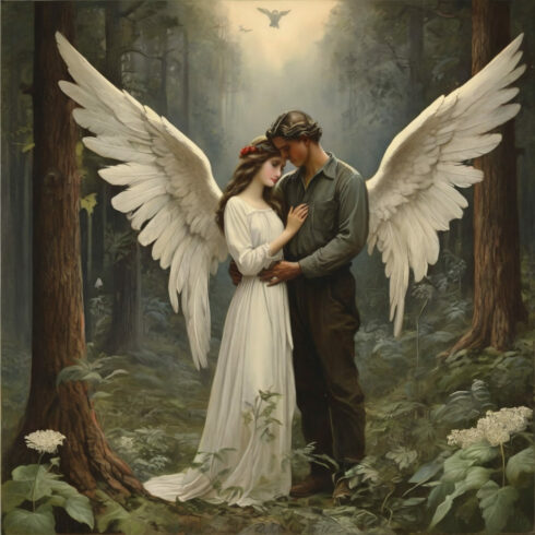 postcard, man, woman, forest, angel, love cover image.