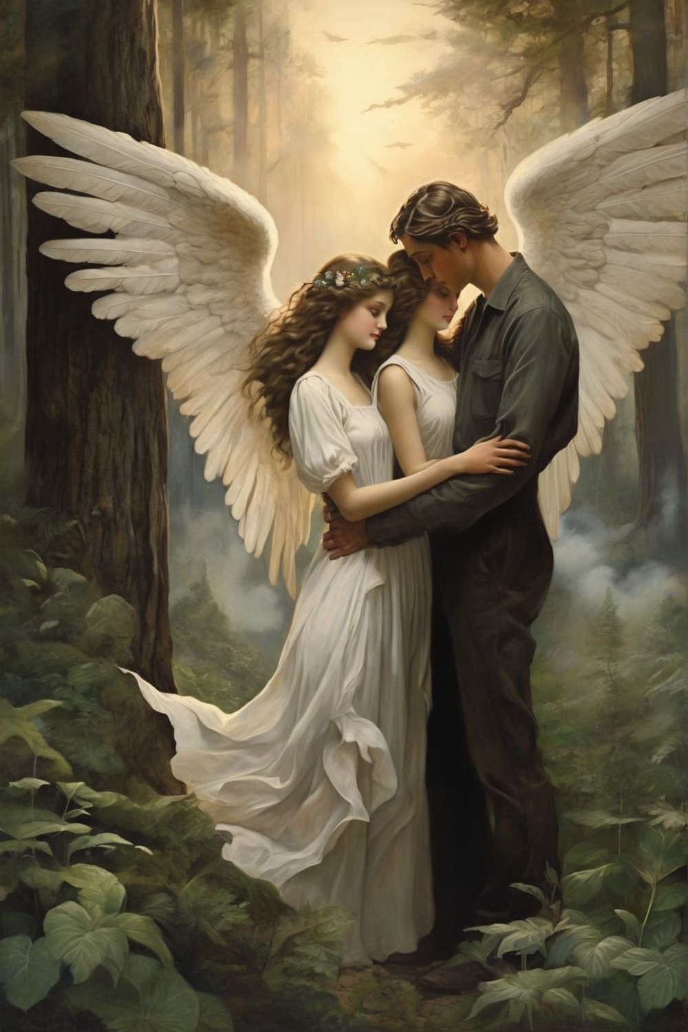 postcard, man, woman, forest, angel, love pinterest preview image.