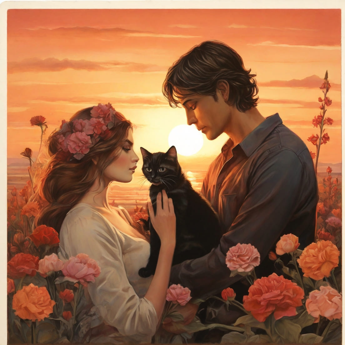 postcard sunset man woman cat flowers 0 1 983