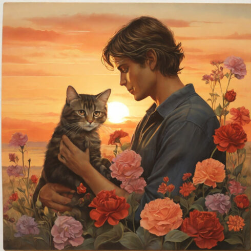 postcard, sunset, man, woman, flowers, cat cover image.