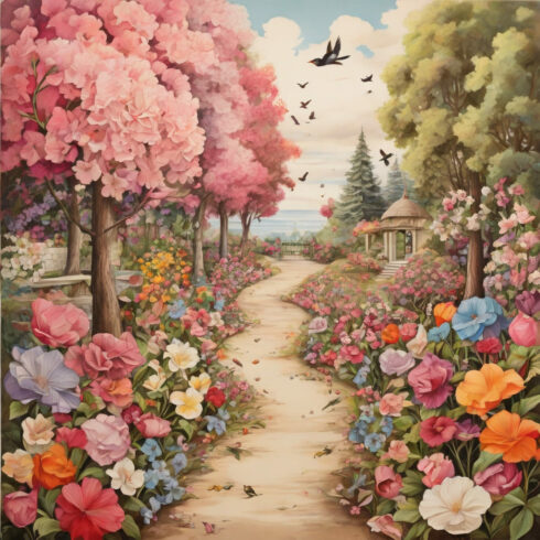 postcard, trees, birds, path of petals, flower garden cover image.