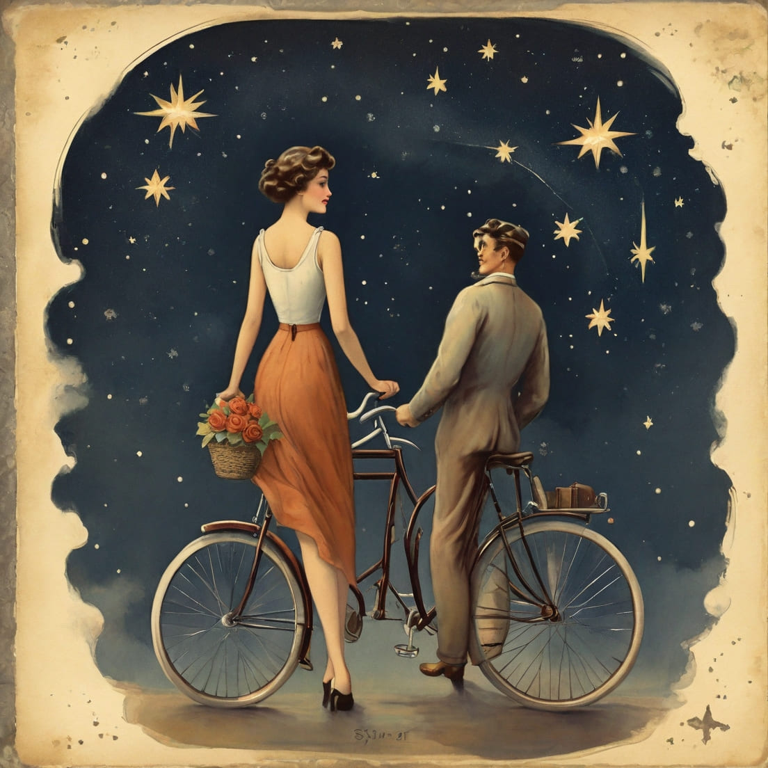 postcard, vintage style, bicycle, man, woman, stars preview image.