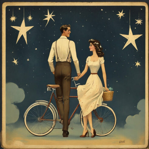 postcard, vintage style, bicycle, man, woman, stars cover image.