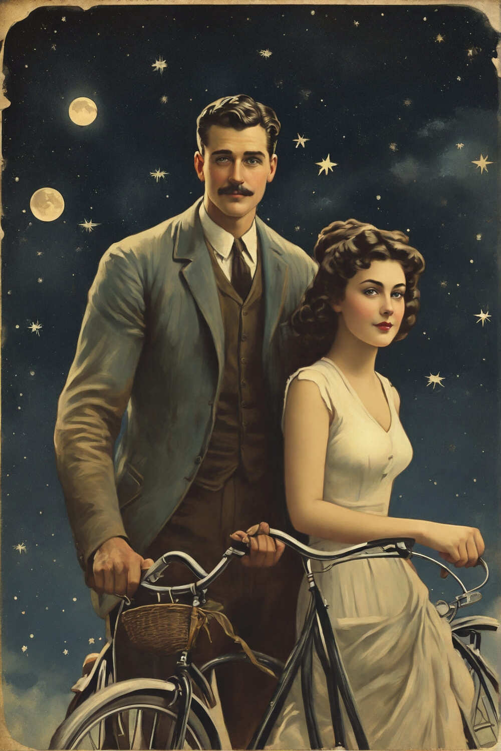 postcard, vintage style, bicycle, man, woman, stars pinterest preview image.