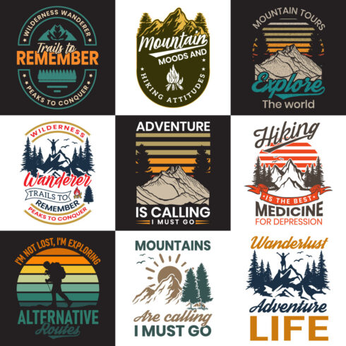 30 awesome Hiking Outdoor Explore T-Shirt Design Bundle cover image.