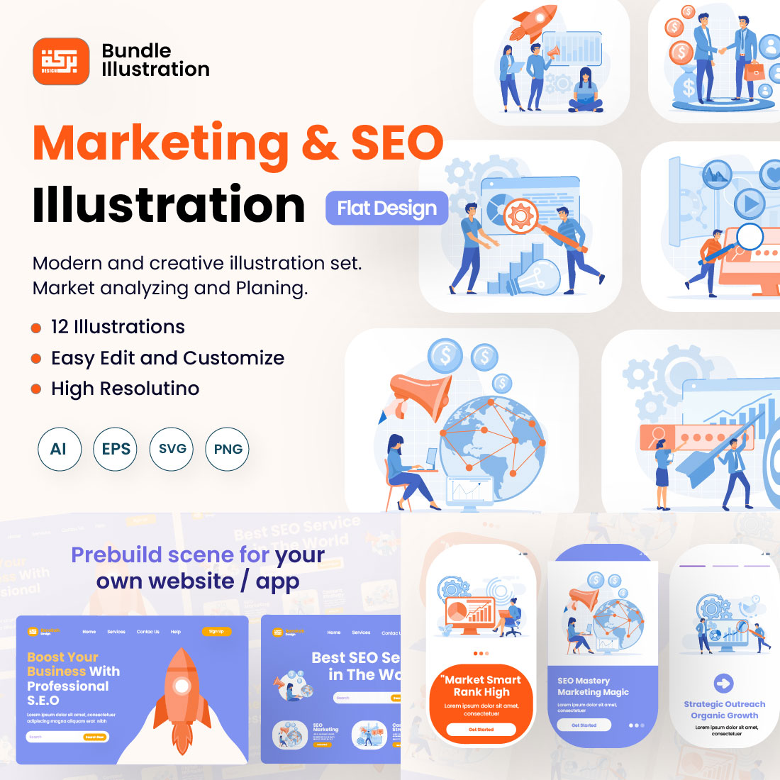 12 Marketing & SEO Strategy Illustrations for Web Applications and Presentations preview image.