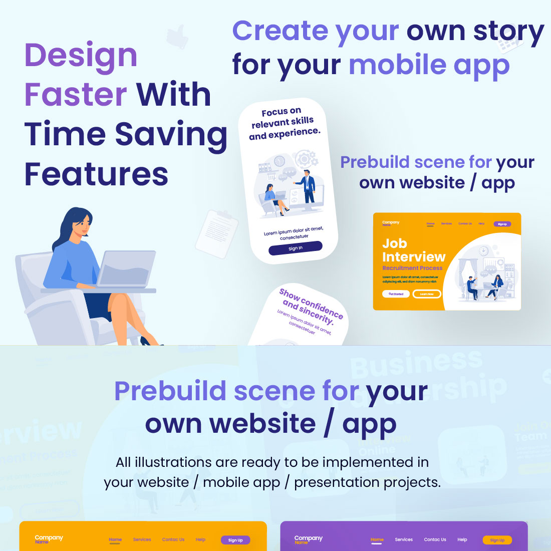 Job Application Interview Kit UI Illustration for Web App & Presentation preview image.