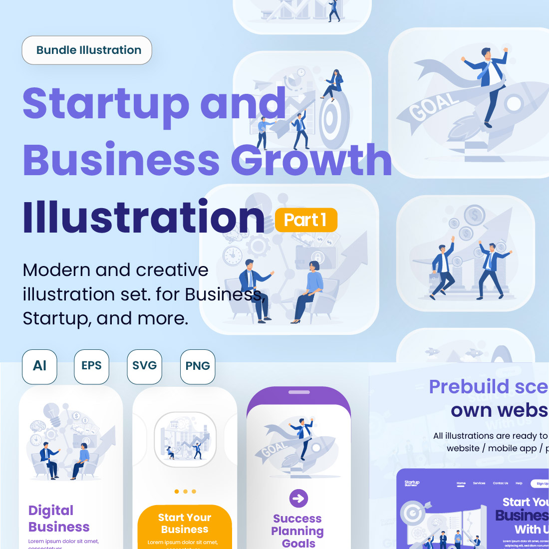 Startup & Business Growth Kit UI Illustrations for Web Apps & Presentations preview image.