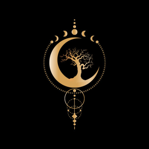 Mystical Moon Phases, tree of life, Sacred geometry Triple moon, half moon pagan Wiccan goddess symbol, gold gradient banner sign, energy circle cover image.