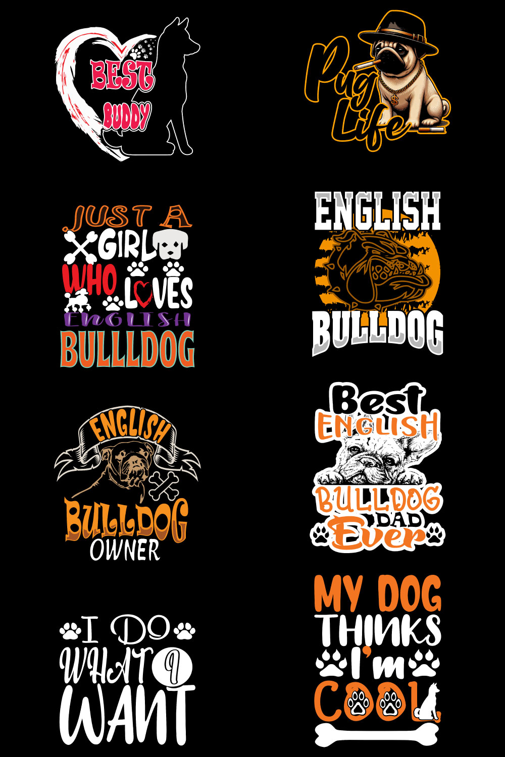 Bulldag typography with graphic t shirt design pinterest preview image.