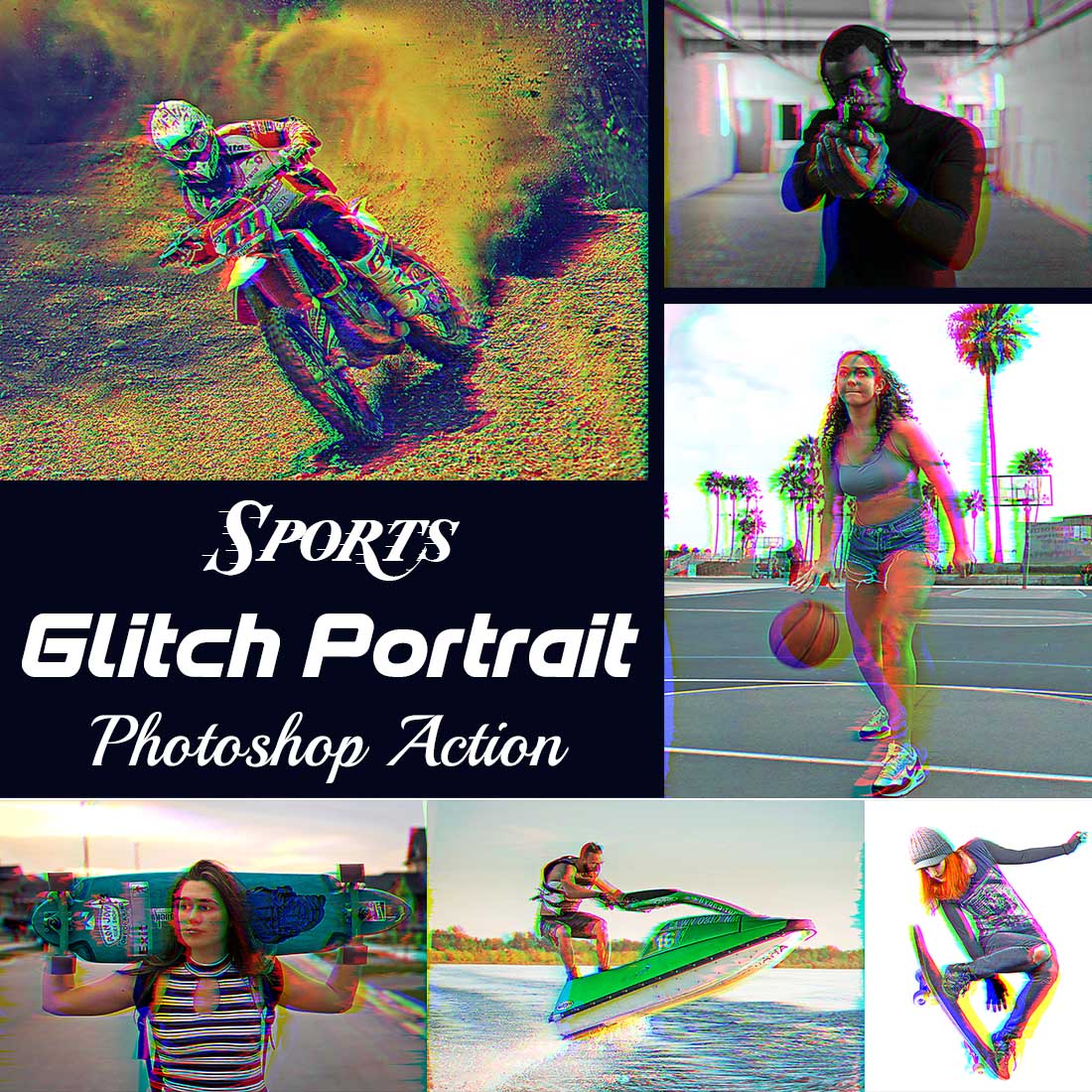 Sports Glitch Portrait Photoshop Action cover image.