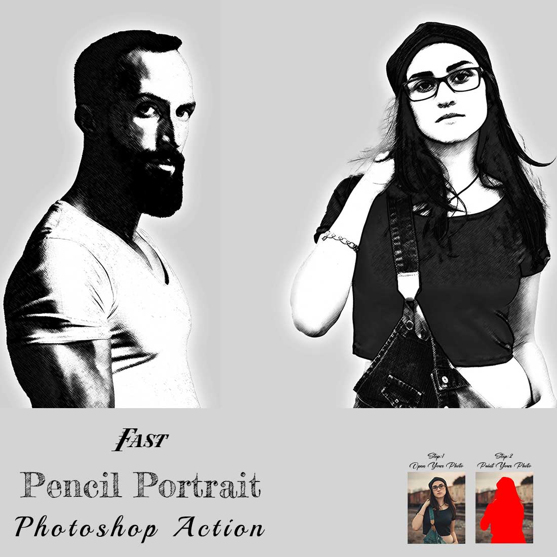 Fast Pencil Portrait Photoshop Action cover image.