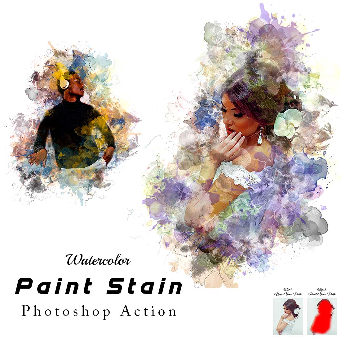 Watercolor Paint Stain Photoshop Action cover image.
