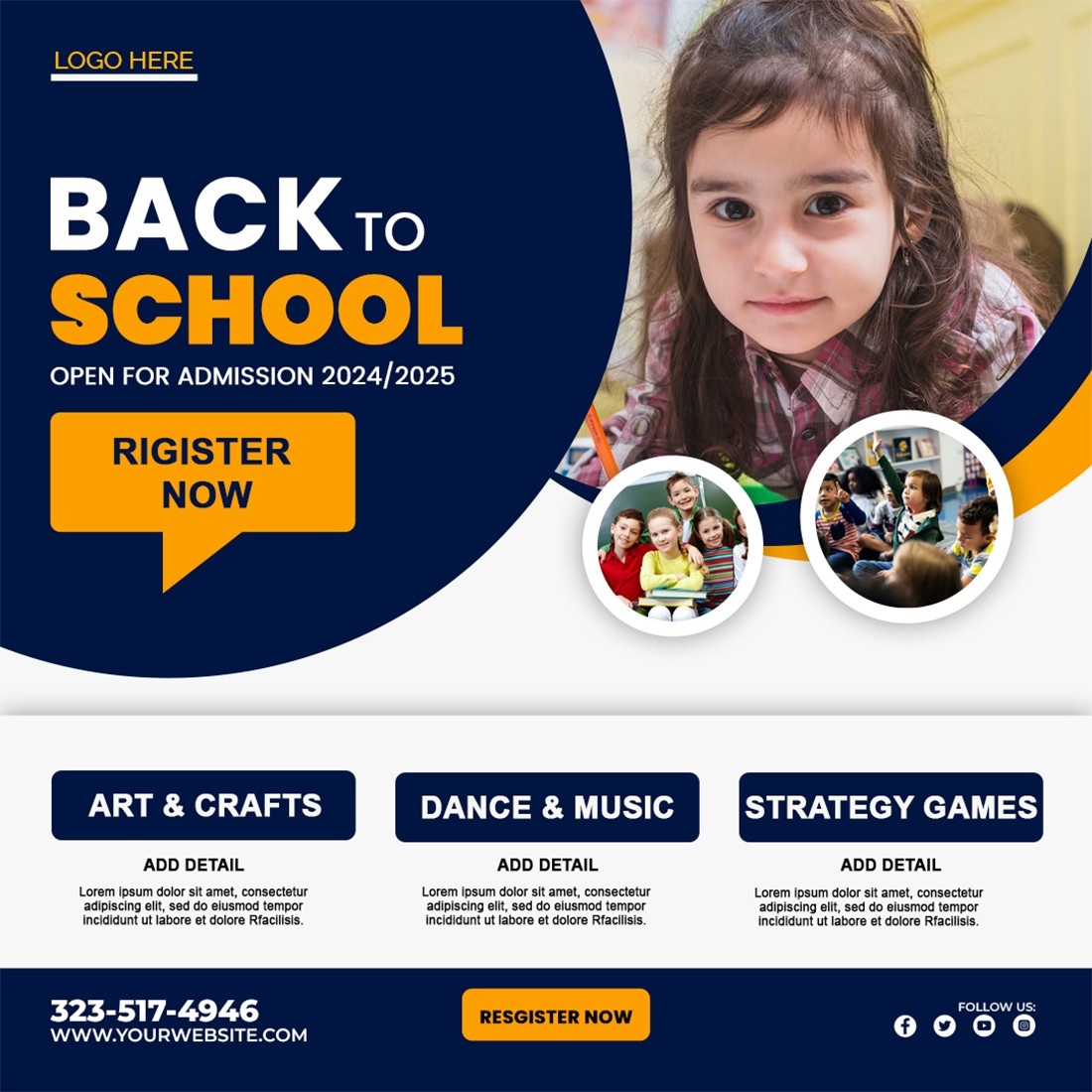 Back to school/ School Admission/ Kids Education social media Instagram/Facebook post template for your business cover image.
