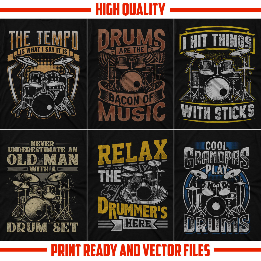 Drummer t shirt design bundle with 10 premium designs preview image.