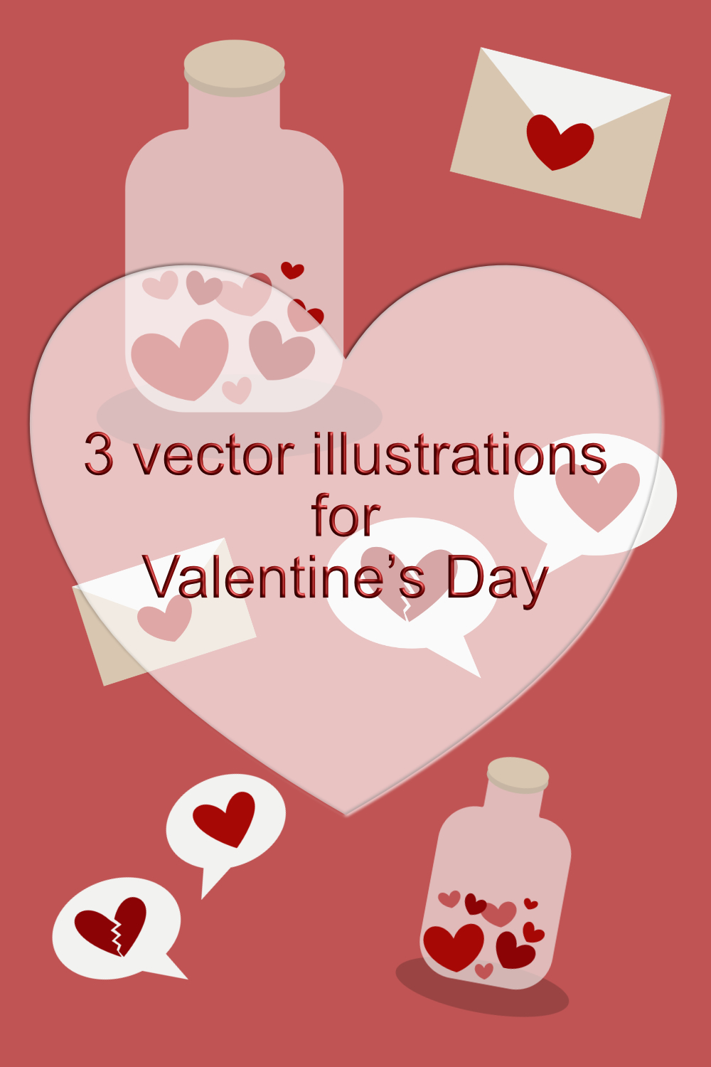 3 vector illustrations for Valentine's Day pinterest preview image.
