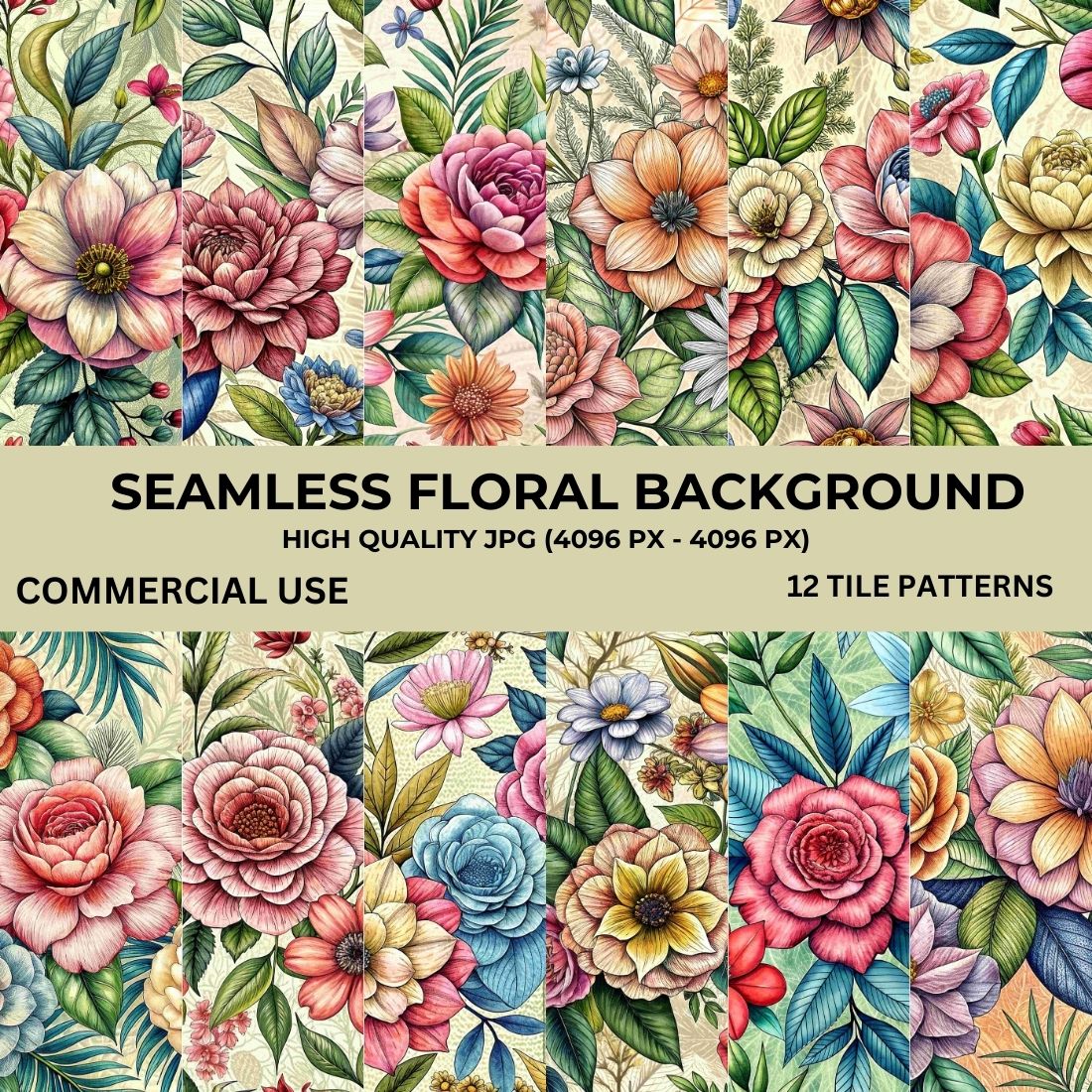 Seamless Floral Hand Drawn Background Bundle preview image.