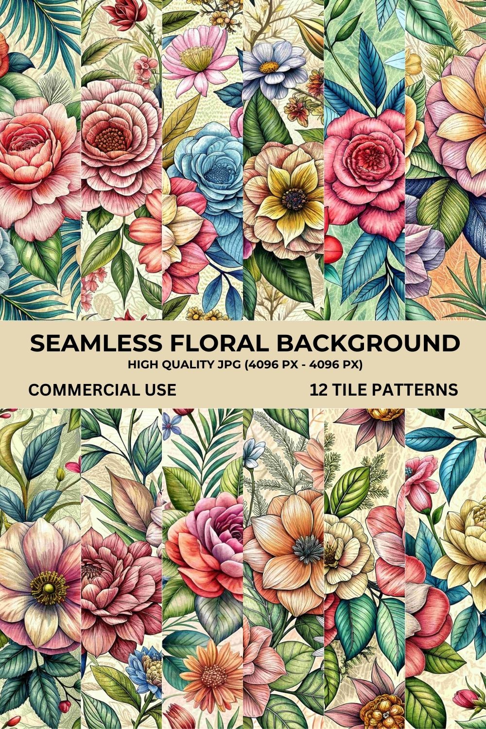 Seamless Floral Hand Drawn Background Bundle pinterest preview image.