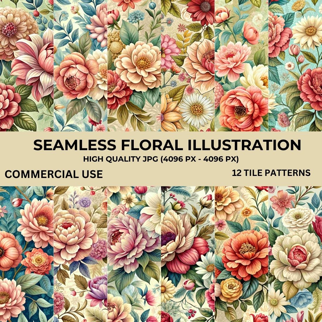 Seamless Floral Illustration Pattern Bundle preview image.