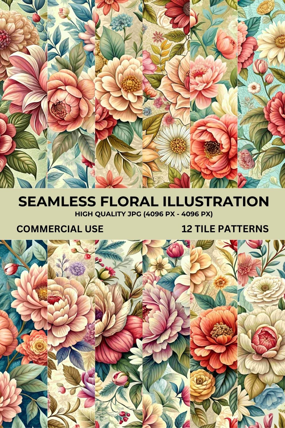 Seamless Floral Illustration Pattern Bundle pinterest preview image.