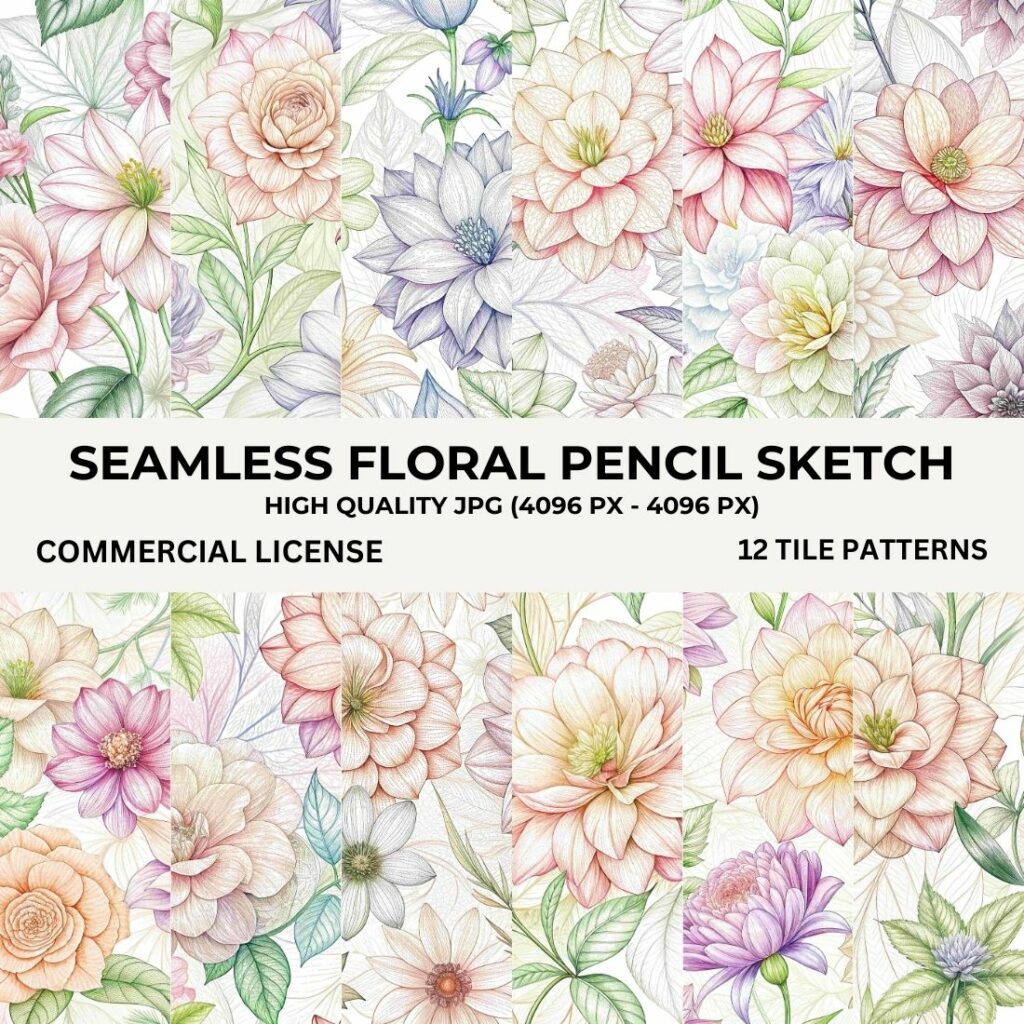 Pattern Pencil Style Seamless Floral Pencil Sketch Pattern Bundle - MasterBundles