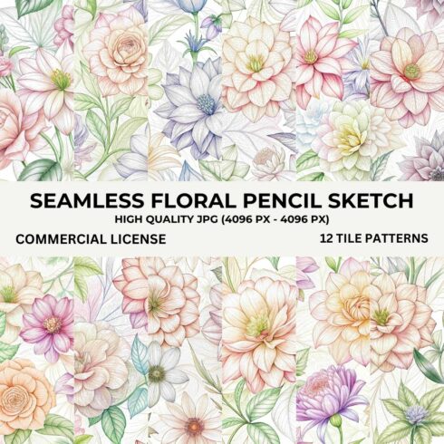 Seamless Floral Pencil Sketch Pattern Bundle cover image.