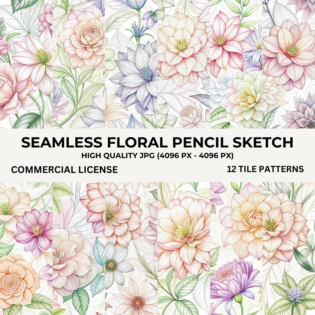 Seamless Floral Pencil Sketch Pattern Bundle preview image.